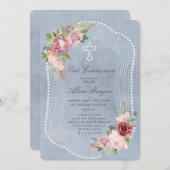 素朴なフレームピンクのブルゴーニュフローラ最初の聖餐会 招待状 (正面/裏面)