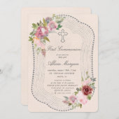 素朴なフレームピンクのブルゴーニュフローラ最初の聖餐会 招待状 (正面/裏面)