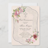 素朴なフレームピンクのブルゴーニュフローラ最初の聖餐会 招待状 (正面)