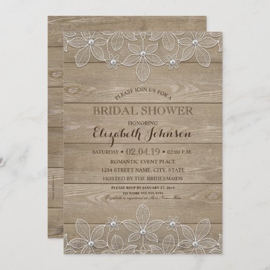 素朴なブライダルシャワーのエレガントなヴィンテージの木及びレース 招待状 (正面/裏面)
