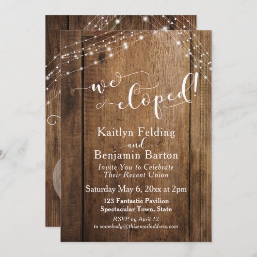 素朴なブラウンの木材とライト　私たちはこっそりと結婚式を挙げた 招待状 (正面/裏面)