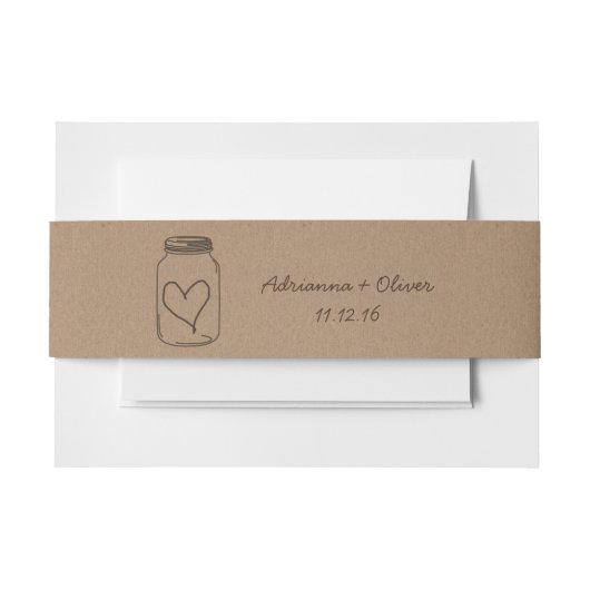 素朴なブラウンクラフト紙パターンメーソンジャーのハート 招待状ベリーバンド (正面例)