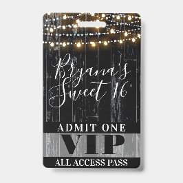 素朴なブラックウッドのストリングライト Sweet 16 VIPパス バッジ