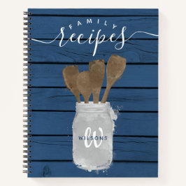 素朴なブルーの木製ジャー スプーン ファミリーレシピ クッキングブック ノートブック