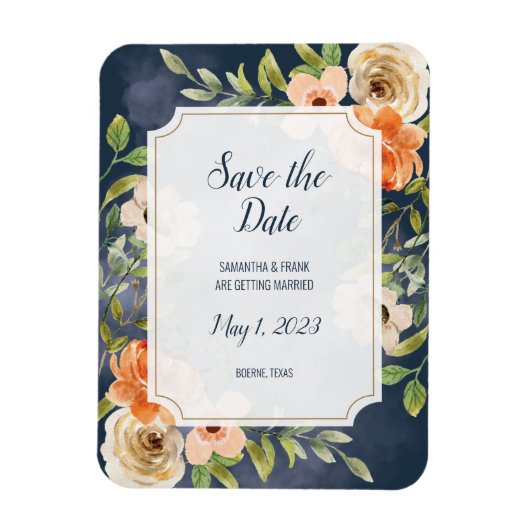 素朴なブルーの水彩花柄のSave the Date マグネット (縦)