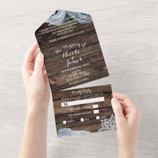 素朴なブルー ダスティーローズ ヴィンテージ ラッセル ウェディング オールインワン招待状 (貼ってはがせる)