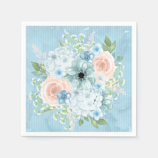 素朴なブルー ピンク グリーン 花柄 シャビー チック スタンダードカクテルナプキン (正面)
