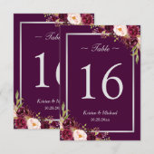 素朴なプラムパープルフローラルシルバーグレーテーブルナンバー 招待状 (正面/裏面)