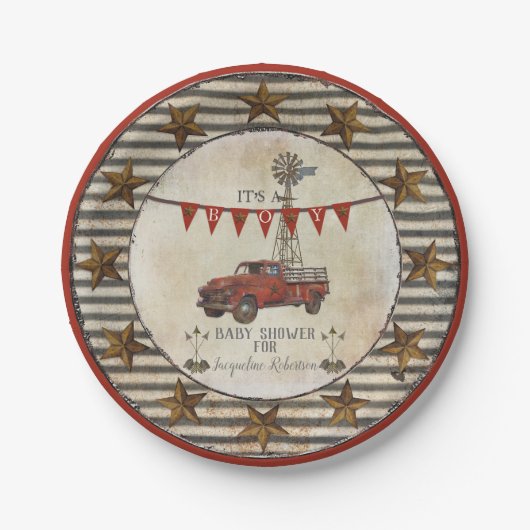 素朴なベビーシャワーのヴィンテージのトラックの風車の農場 ペーパープレート (正面)