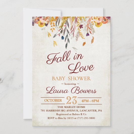 素朴なベビーシャワーの招待状は恋に落ちます 招待状 (正面)
