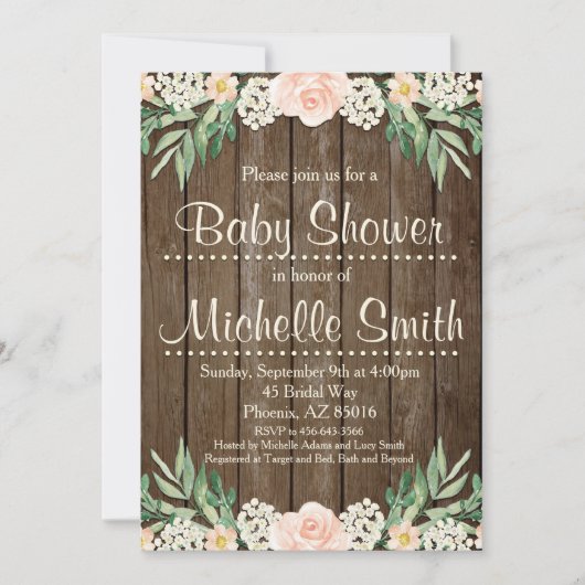 素朴なベビーシャワーの招待状、レース、花柄 招待状 (正面)