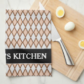 素朴なベージュおよび灰色のダイヤモンドの形パターン + 名前 キッチンタオル (四つ折り)