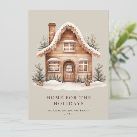 素朴なベージュのホリデーシーズン向けの家のフラットスタイルのホリデーカード シーズンカード (スタンド正面)