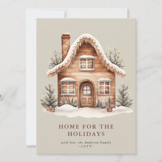 素朴なベージュのホリデーシーズン向けの家のフラットスタイルのホリデーカード シーズンカード (正面)