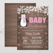 素朴なペンギンの冬の女の子のベビーシャワー招待状 招待状 (正面/裏面)