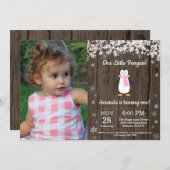 素朴なペンギンの冬の少女の誕生日写真 招待状 (正面/裏面)