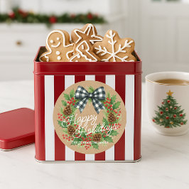 素朴なホリーデイのリース　ホワイト　ブラック　チェック柄のリボン ラウンドシール