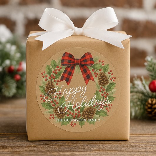 素朴なホリーデイのリース 赤と黒のチェック柄のリボン ラウンドシール