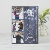 素朴なホリーデコレーション3枚の写真コラージュ 青い納屋の木 シーズンカード (スタンド正面)