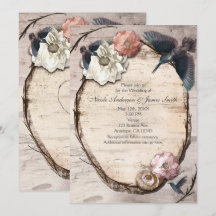 素朴なホワイトバーチの花とスズメの招待状