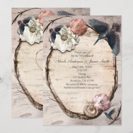 素朴なホワイトバーチの花とスズメの招待状 招待状