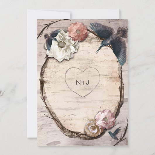 素朴なホワイトバーチの花とハミングバードの招待状 招待状 (裏面)