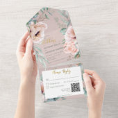 素朴なホワイト＆ブッシュ ピオニー ピンク QRコード オールインワン招待状 (貼ってはがせる)