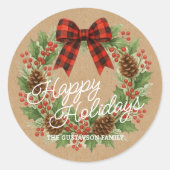 素朴なホーリー・リース 赤と黒のチェック柄リボン ラウンドシール (正面)