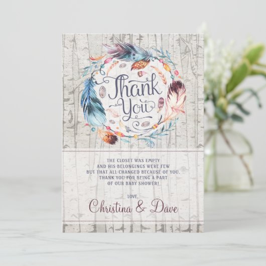 素朴なボヘミア人はBohoのベビーシャワーに羽をつけます サンキューカード (スタンド正面)