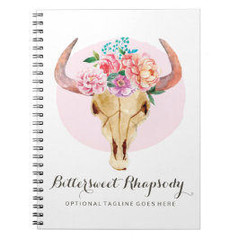 素朴なボヘミア牛スカルの水彩画の赤面の花柄 ノートブック
