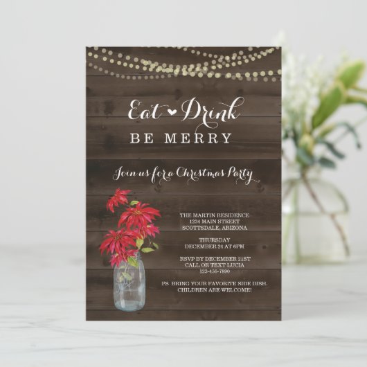 素朴なポインセチアのクリスマスのパーティの招待状 招待状 (スタンド正面)