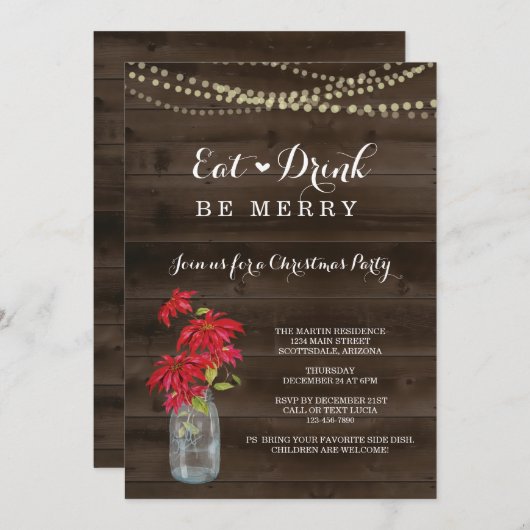 素朴なポインセチアのクリスマスのパーティの招待状 招待状 (正面/裏面)