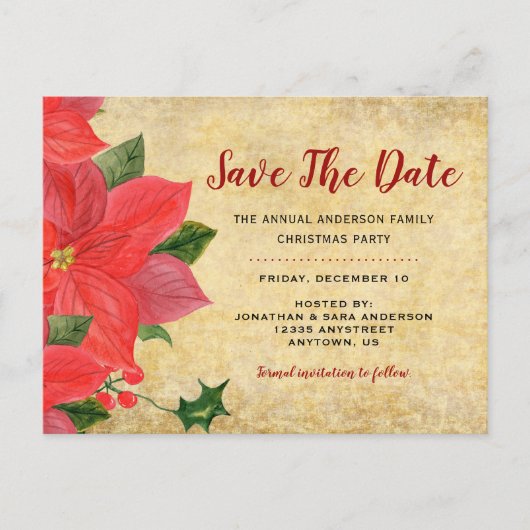 素朴なポインセチア | クリスマスパーティーのお知らせ 案内ポストカード (正面)