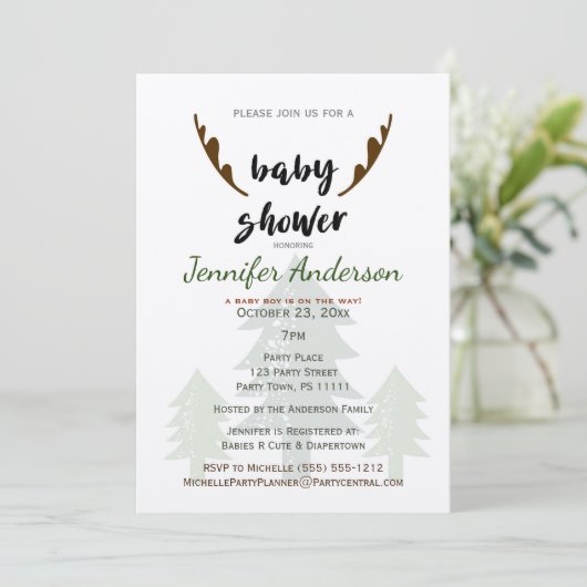 素朴なマツおよび枝角のベビーシャワー 招待状 (スタンド正面)