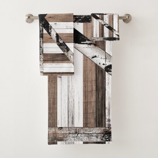 素朴なマルチウッドの白と茶色の納屋のドア バスタオルセット (インサイチュ)
