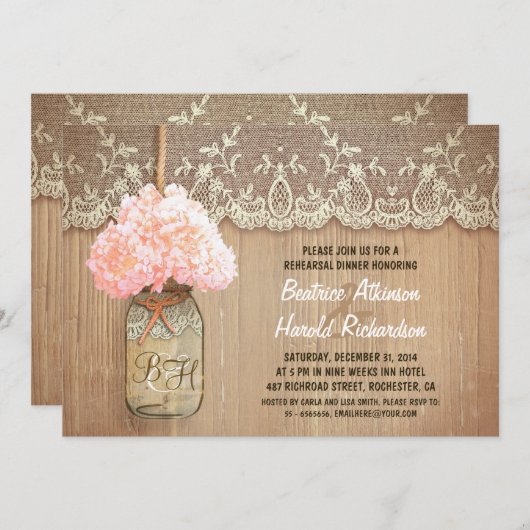 素朴なメイソンジャンプピンク紫陽花リハーサル夕食 招待状 (正面/裏面)