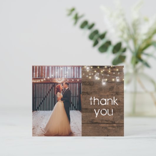 素朴なメイソンジャーとストリングライトの写真の感謝カード 招待状 (スタンド正面)