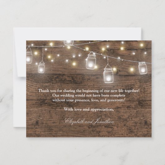 素朴なメイソンジャーとストリングライトの写真の感謝カード 招待状 (裏面)