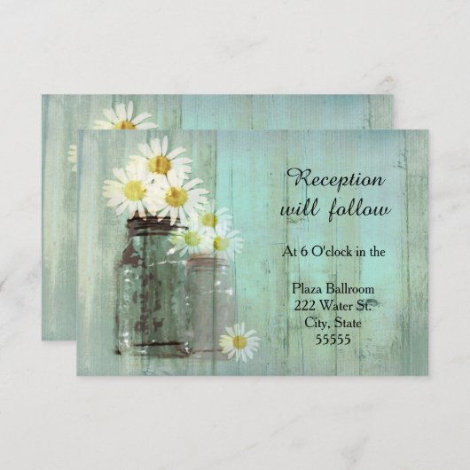 素朴なメイソンジャーとデイジーのウェディングレセプションカード 招待状 (正面/裏面)
