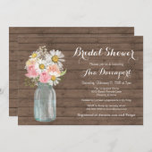 素朴なメイソンジャーと花のベイビーシャワーまたはブライズシャワー 招待状 (正面/裏面)