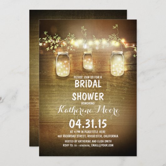 素朴なメイソンジャースとライトブライダルシャワー 招待状 (正面/裏面)