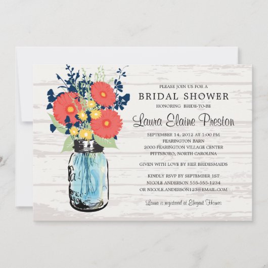 素朴なメイソンジャー ゲルバーダイス 花束 ブライダルシャワー 招待状 (正面)
