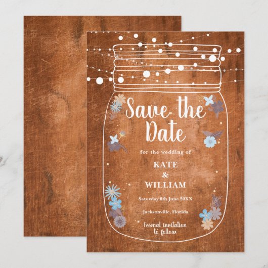 素朴なメイソンジャー ストリングライト Save the Date 招待状 (正面/裏面)