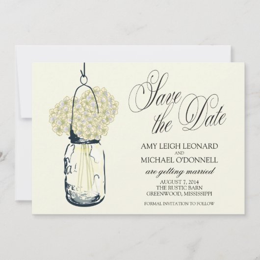 素朴なメイソンジャー ハイドランゲア Save the Date 招待状 (正面)
