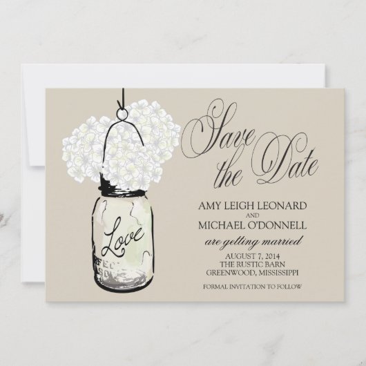 素朴なメイソンジャー ハイドランゲア Save the Date 招待状 (正面)