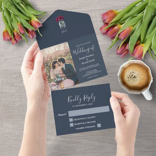 素朴なメイソンジャー モノグラム フォト ブルー ウェディング オールインワン招待状