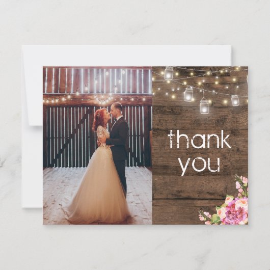 素朴なメイソンジャー ライト 花の写真 ありがとう 招待状 (正面)