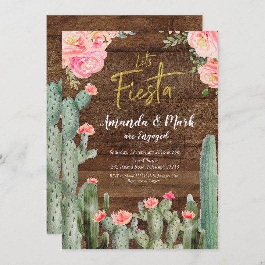 素朴なメキシコサボテンのフェスタの婚約パーティ 招待状 (正面/裏面)