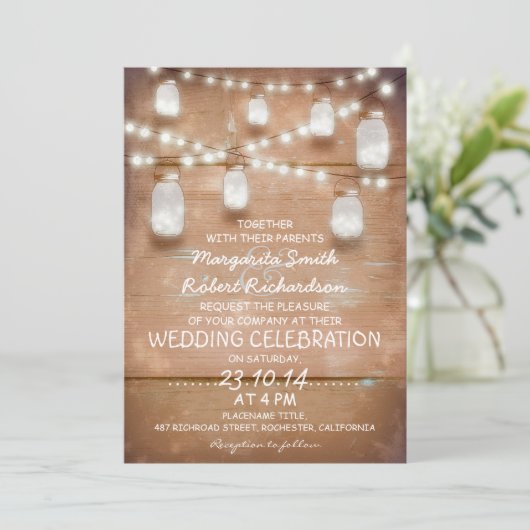 素朴なメーソンジャーおよび軽い結婚式招待状 招待状 (スタンド正面)