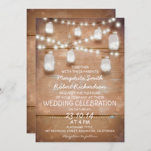 素朴なメーソンジャーおよび軽い結婚式招待状 招待状 (正面/裏面)